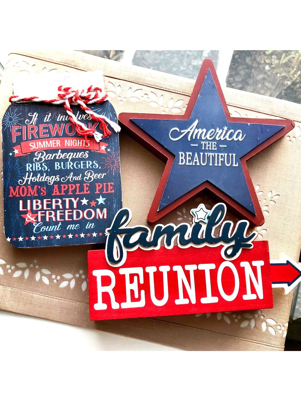 NWT 3 Ashland Patriotic Signs, America Jar, Family Reunion, Liberty Jar